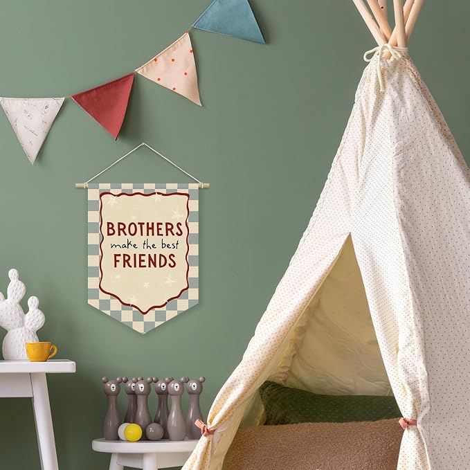 Boys Room Playroom Decor, Brothers Make the Best Friends Bedroom Wall Hanging Pennant Flag Banner, Blue Checkerboard Wall Decor for Nursery Toddler Baby Little Boys Bedroom 15x11 Inch
