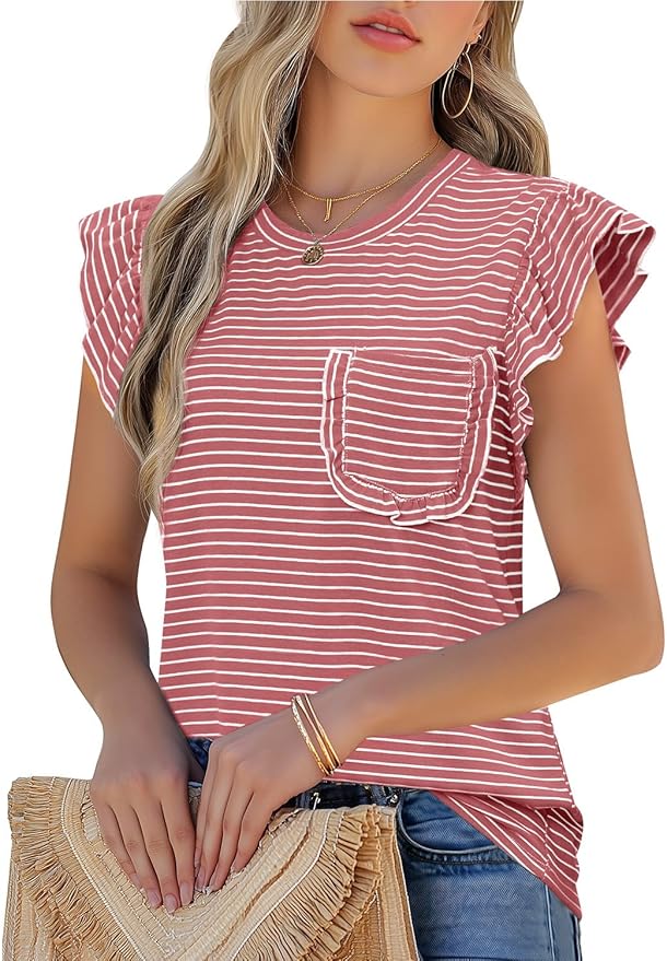 JUSTFASHIONNOW Womens Summer Tops Striped T-Shirts 2026 Ruffle Short Sleeve Crew Neck Casual Blouses with Pocket