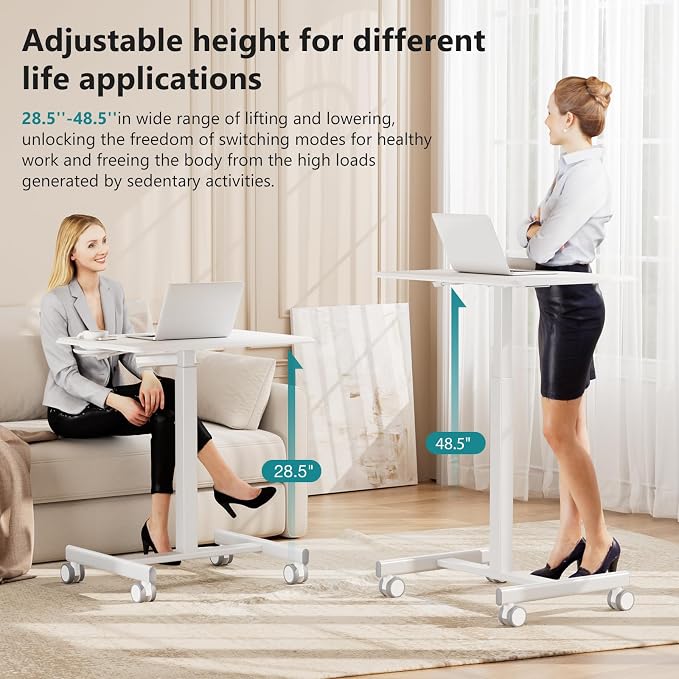 DUMOS Mobile Rolling Desk with Wheels Adjustable Height | Small Standing Desks Portable Laptop PC Table, Computer Workstation for Home Office Small Space, White