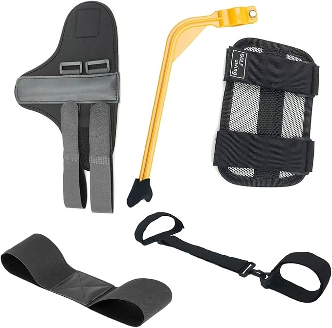 MUSKULO MONSTRO Golf Swing Trainer Aids Set, Golf Posture Correction Tools, 6 PCS-Arm Band, Elbow Correction, Wrist Hinge Trainer, Wrist Brace Band, Leg Rod Corrector, with a Strap Carrying Bag
