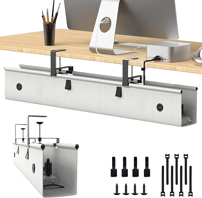 Under Desk Cable Management Tray, 40-inch No-Drill Cord Organizer with Anti-Sag Reinforced Base, Fabric Wire Management Hider for Standing Desk, Office & Gaming Accessories - Grey