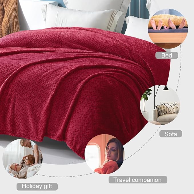 Exclusivo Mezcla Soft Fleece Bed Blanket Queen Size, 90”x90”, Deep Red | Cozy Fluffy Lightweight Blankets for Summer, Decorative Plush Flannel Throws for Living room, Bedroom with Leaves Pattern