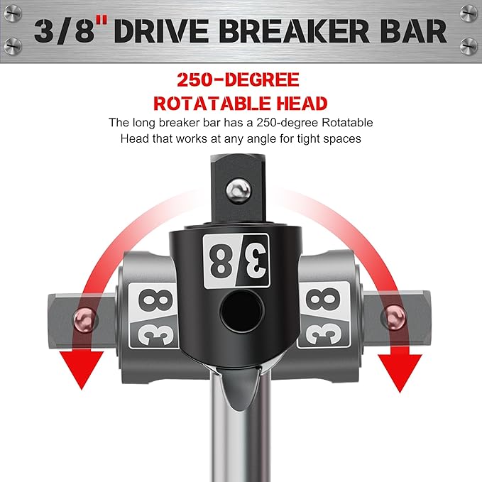 17.5-Inch 3/8” Drive Breaker Bar, Heavy Duty Extension Breaker Bar, 250° Rotatable Head, Premium Chromium Molybdenum Steel, Mechanical Work, Automobile and Motorcycle Maintenance and Repair