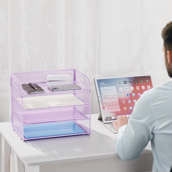 Marbrasse 4 Tier Paper Organizer Letter Tray - Mesh Desk File Organizer with Handle, Paper Sorter Organizer for Letter/A4 Office File Folder Holder (Purple, 12.6" x 9.1" x 10.7")