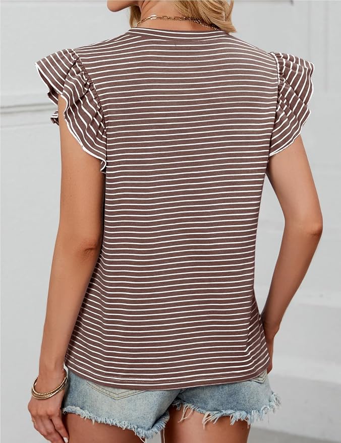JUSTFASHIONNOW Womens Summer Tops Striped T-Shirts 2026 Ruffle Short Sleeve Crew Neck Casual Blouses with Pocket