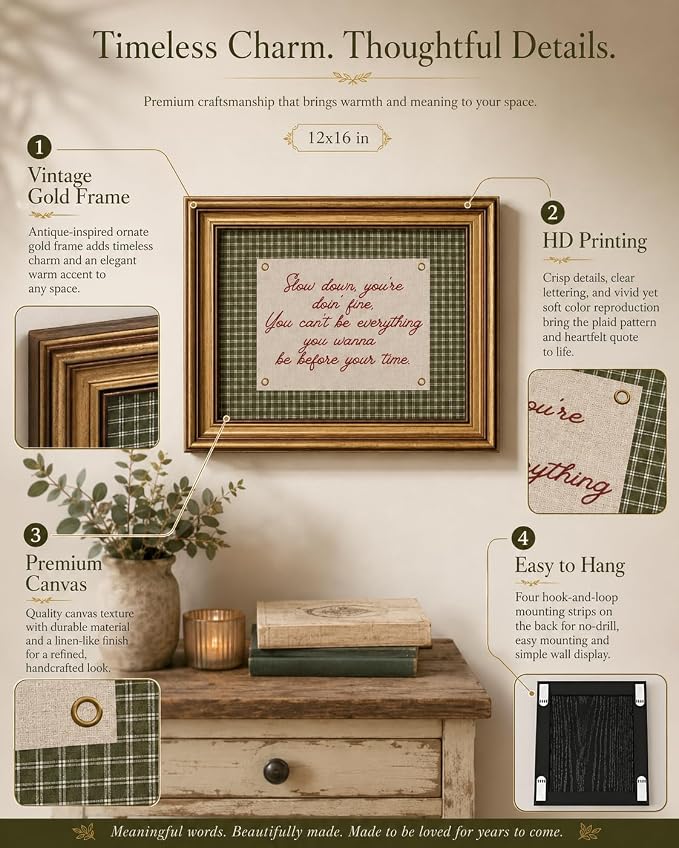Vintage Gold Framed Wall Art, Slow Down You're Doing Fine Quote, 16x24 in | Green plaid canvas print, retro song lyric decor, daily reminder for bedroom, living room, office, dorm, or entryway
