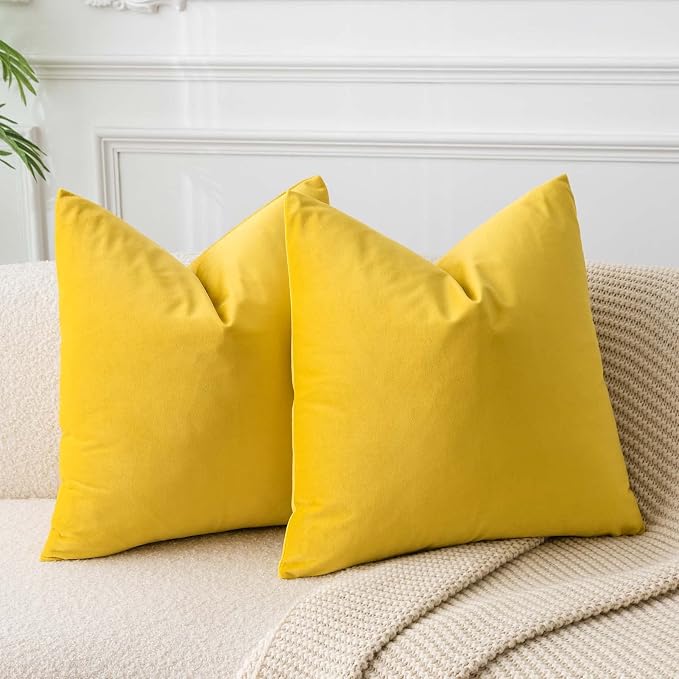 Yellow 20x20 Throw Pillow Covers Set of 2 Decorative Velvet Cushion Covers | Soft Pillow Cases with Invisible Zipper for Modern Couch Sofa Bed Living Room Bedroom Home Decor