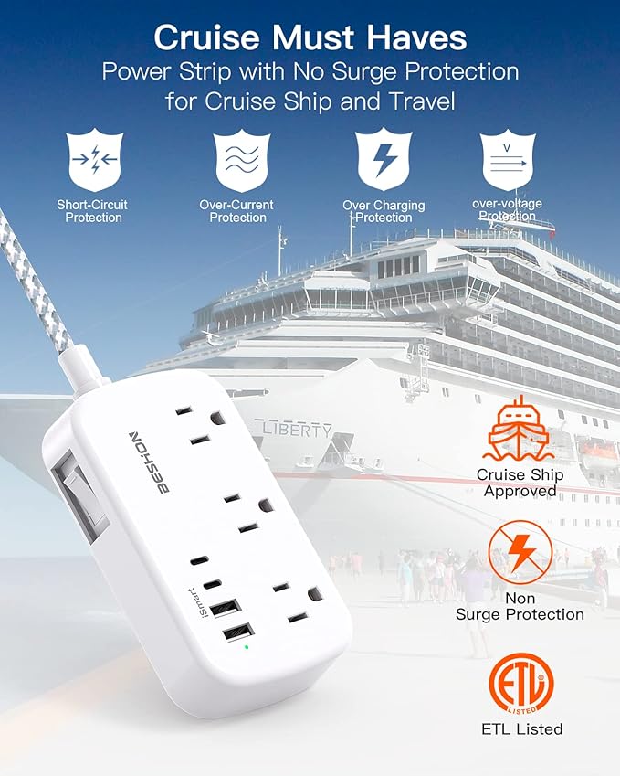 15FT Flat Extension Cord, BESHON Flat Plug Power Strip with USB C, Ultra Thin Flat Plug Extension Cord - 6 Outlets with 4 USB Ports(2 USB C Outlet), No Surge Protector for Dorm Room Travel Essentials