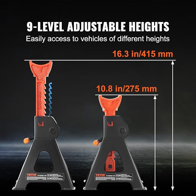 VEVOR Jack Stands, 3 Ton (6,000 lbs) Capacity Car Jack Stands, 10.8-16.3 inch Adjustable Height, for lifting SUV, Pickup Truck, Car and UTV/ATV, Red, 1 Pair