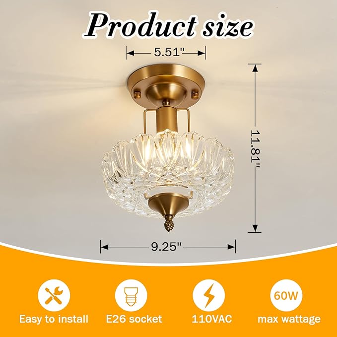UOFUS Vintage Gold Semi Flush Mount Ceiling Light Fixture with Clear Glass Shade Antique Brass Small Chandelier Flower Close to Ceiling Light for Hallway Entryway Bedroom Porch Foyer Corridor Kitchen