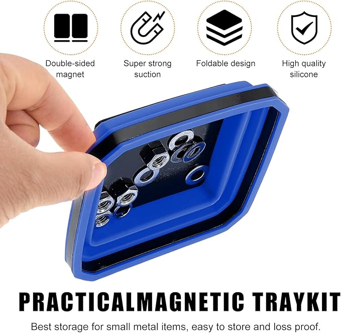 Collapsible Magnetic Parts Tray, 4.5 Inch Foldable Magnetic Square Silicone Tray, Tool Tray Set with Double-Sided Magnetic Base for Screw Bolts Nuts Pins, Car Accessories (Blue)