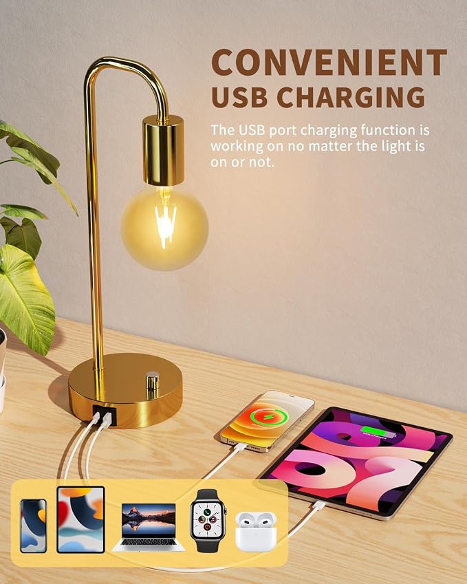 ONEWISH Industrial Table Lamp with 2 USB Port, Stepless Dimmable Nightstand Bedside Lamps for Bedroom,Desk Lamps with 2700K Gold Gradient Bulb for Reading Living Room