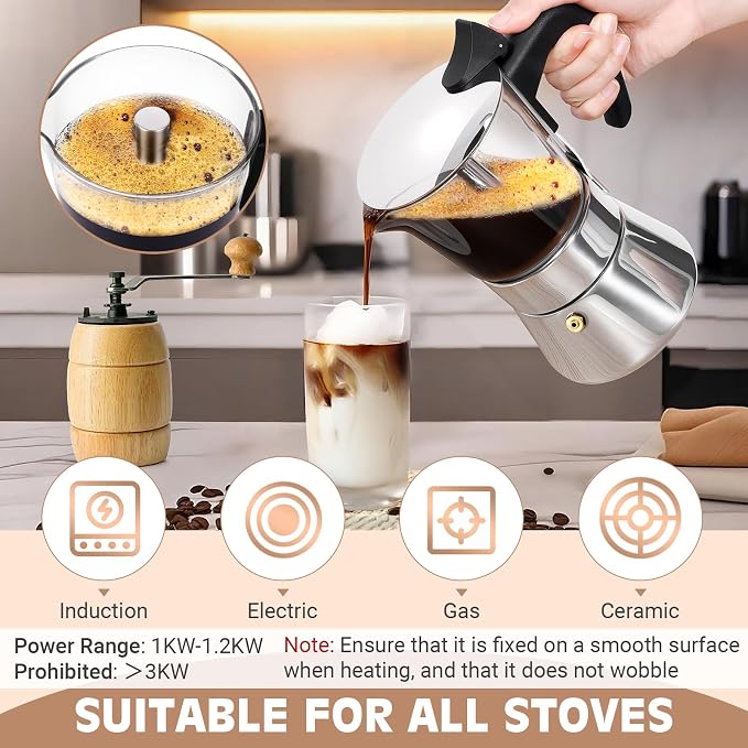 6 Cup 300ml Glass Moka Pot, Stovetop Espresso Maker, Silver | Crystal Glass-top & Stainless Steel Coffee Maker, Induction Compatible, for Greca de Cafe, Cuban and Italian Coffee Brewing
