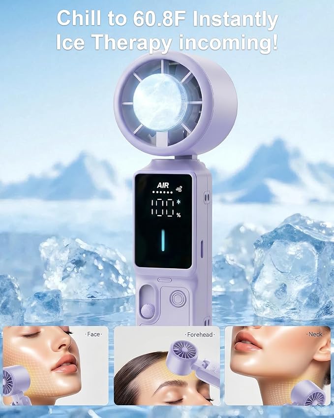Portable Turbo Fan with Ice Cooling, 7.4m/s High Speed Handheld & Neck Fan, 180° Foldable 4-in-1, Carabiner Clip, 100 Speeds Stepless Control, USB-C Rechargeable, for Travel Makeup Hot Flashes
