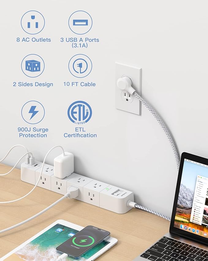 One Beat 15 ft Extension Cord,Power Strip Surge Protector 8 Widely AC Outlets 3 USB,Flat Plug,Desktop Charging Station with Overload Protection,Wall Mount for Home,Office,Travel,Computer ETL Listed