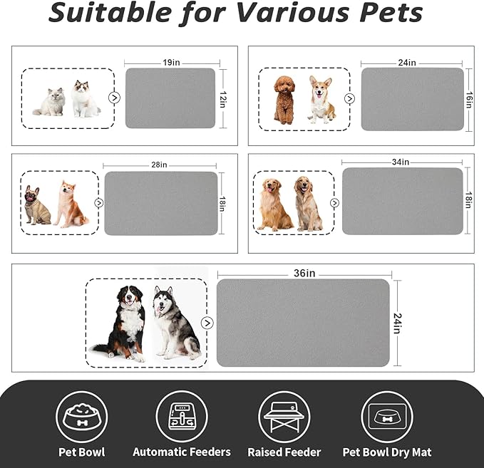 Dog Food Mat - Absorbent Cat Mat for Food and Water, No Stains Pet Feeding Bowl Mat, Easy to Clean Pet Placemats, Quick Dry Dog Water Dispenser Mat for Messy Drinkers | Grey 16"x 24"
