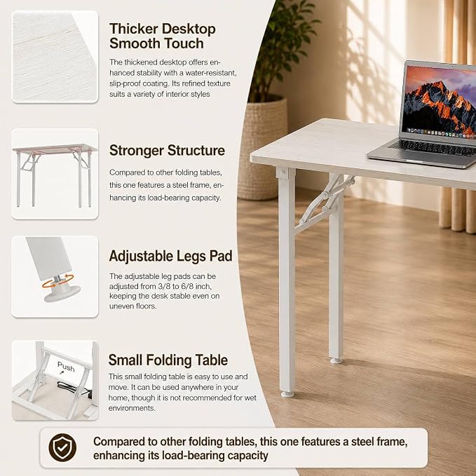 Folding Table Computer Desk - 43.3" No Assembly Folding Desk Design and Foldable Office Desk, Small Desk for Bedroom, Compact Storage Portable Use for Dorm and RV Small Space, White Ash