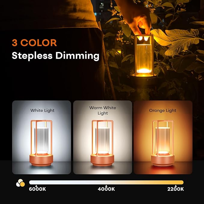 Portable Metal Table Lamp for Indoor/Outdoor ,Rechargeable Cordless LED Lamp, 3-Colour Infinitely Dimming Battery Powered Small Desk Lamp, Restaurant/Bedroom/Bar/Coffee/Camping Light (Orange set of 2)