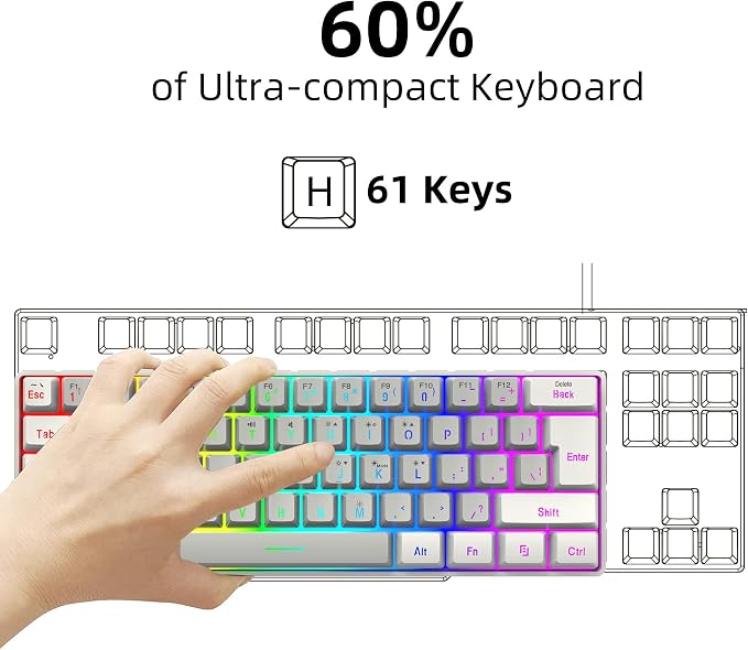 Snpurdiri 60% Wired Gaming Keyboard, 61 Keys RGB (White-Grey) | Small Ultra-Compact Backlit 60 Percent Gaming Keyboard for PC/Mac Gamer, Typist, Travel, Easy to Carry on Business Trip