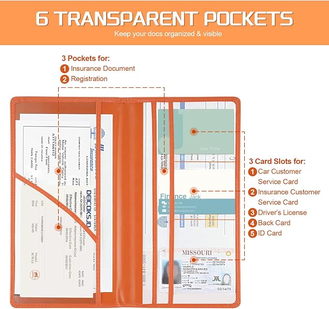 JUSTTOP 2Pack Car Registration and Insurance Holder,Car Document Holder for Cards License with Magnetic Shut,Vehicle Glove Box Car Organizer for Documents, Cards, License(Orange)