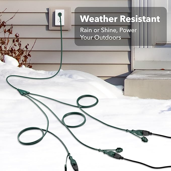 BN-LINK Outdoor Extension Cord 1 to 3 Splitter, Max 13 ft Extension(25 ft Total), Multi Outlet Power Cord, 16/3 SJTW Weatherproof for Lighting, Landscaping & Holiday Decorations, Grounded, ETL Listed