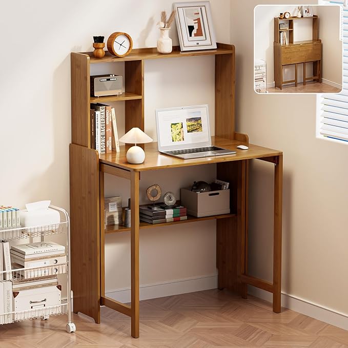 Folding Desk for Small Spaces, Bamboo Foldable Desk with Bookshelf, Brown | Small Computer Desk with Storage, Mid Century, Fold Out，Compact Size, for Bedroom, Living Room, Apartment, Home Office