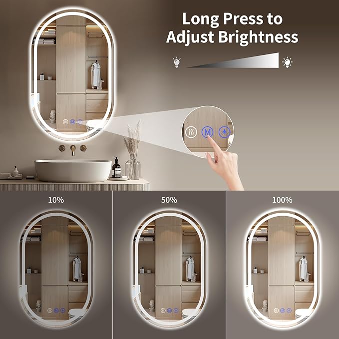 Oval LED Bathroom Mirror, 22"x 36" Frameless LED Mirror with Front Light and Backlit, Anti-Fog, Dimmable Modern Wall Mounted Lighted Mirror，Pill-Shaped Smart Mirror Bathroom