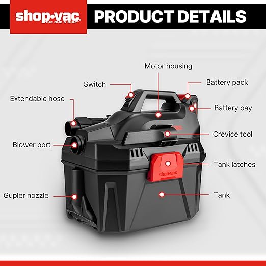 Shop-Vac 20V Cordless Wet/Dry Vacuum, 3-in-1 Portable Shop Vacuum Cleaner, Detachable Blower, Battery and Charger Included, Ideal for Jobsite, Garage, Car & Workshop
