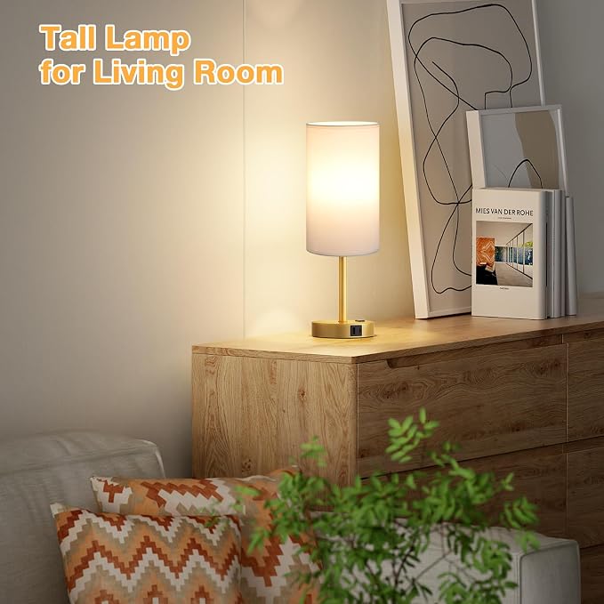 Dicoool 17.4" Bedside Lamp for Bedroom - Dimmable Touch, USB A+C, AC Outlet | LED Bulb Included, 3-Way Dimmable, 17.4" Table Lamp for Living Room, Dorm, White Fabric Lampshade, Gold Metal Base