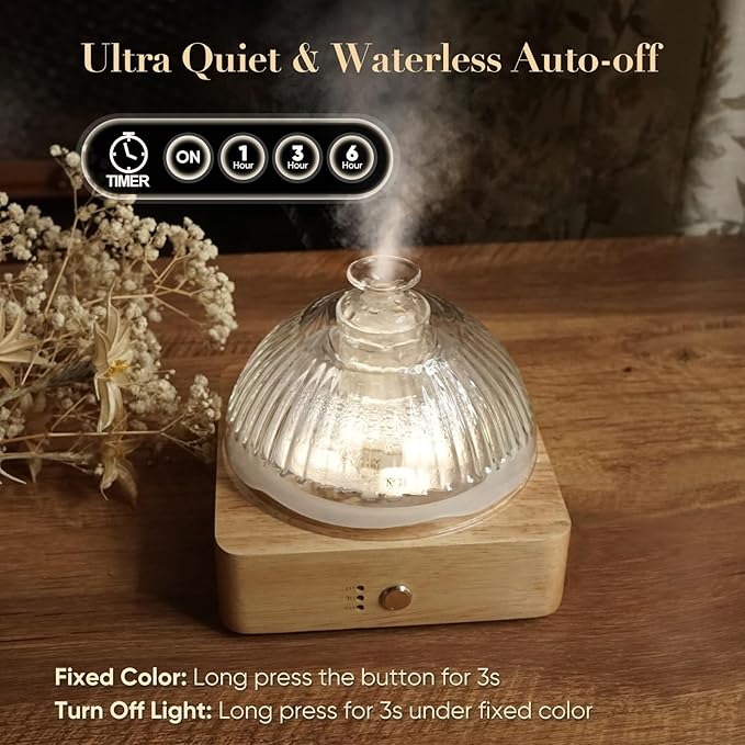 Glass Dome Essential Oil Diffuser with Glass Reservoir & Wood Base-No Plastic, 200ml Ultrasonic Diffuser for Aromatherapy with Timer 7 Color Light Auto-Off for Home Office Yoga Pilates