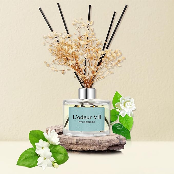 L'odeur Vill Reed Diffuser Set, 6.7 oz(200ml) White Jasmine Scented Diffuser with 6 Oil Diffuser Sticks, Home Fragrance Essential Oil Reed Diffuser for Home Large Rooms Bathroom Shelf Decor