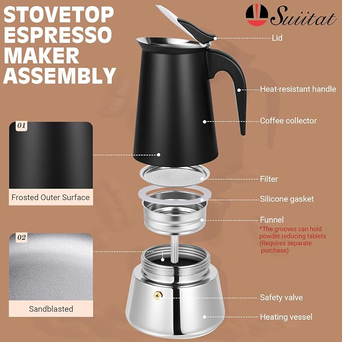 6 Cup Stainless Steel Moka Pot, 300ml Stovetop Espresso Maker, Black