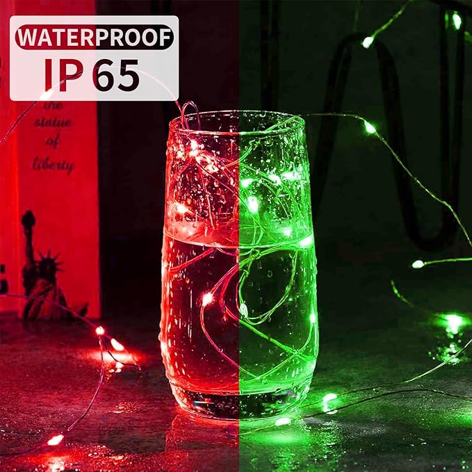 Aogist 50 Pack Fairy Lights 3 Modes 7ft 20 LED Waterproof,Battery Operated Silver Wire Firefly Starry Moon Mini String Lights for Mason Jars Christmas DIY Crafts Wedding Party Bedroom,Red&Green