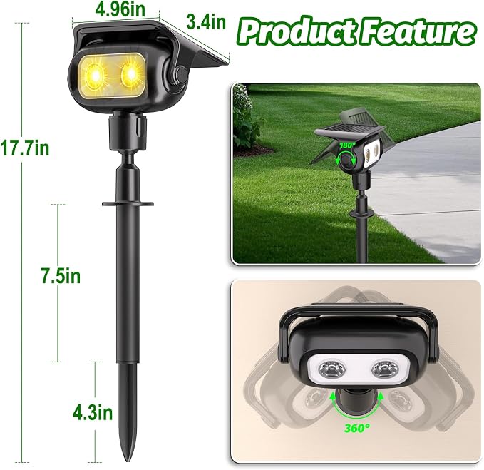Nreonrick Solar Spot Lights 360° Adjustable Solar Lights Outdoor IP65 Waterproof with 2-in-1 Solar Powered Spotlights for Landscape Lighting for Garden (Warm)