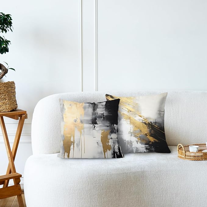 Black & Gold Pillow Covers, Abstract White & Gold Set of 2, 24x24 Modern Pillows for Couch & Bed