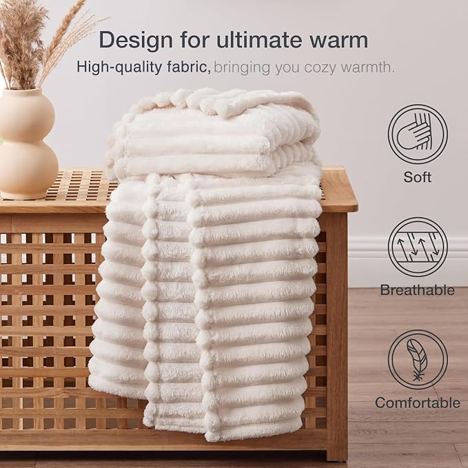 EXQ Home Fleece Blanket Queen Size for Couch or Bed - 3D Stripe Jacquard Decorative Blankets - Cozy Soft Lightweight Fuzzy Flannel Blanket Suitable for All Seasons(90"×90",Beige)