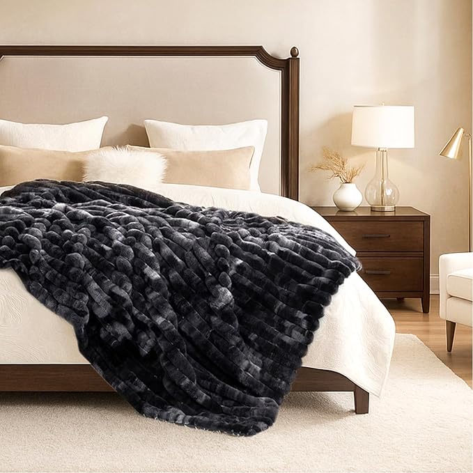 Cozy Bliss Faux Fur Throw Blanket for Couch, Cozy Warm Plush Striped Blanket for Sofa Bedroom Living Room, 60 * 80 Inches Tie-dye Black