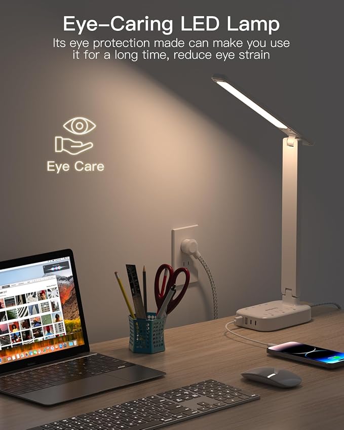 One Beat Small LED Desk Lamp Power Strip 5ft Extension Cord with 3 Outlets 4 USB Ports(2 USB C), 4 Modes, 5 Level Touch Lamp Study Reading Light, Home Office Bedroom College Dorm Room Essentials,White | One Beat 4 Modes 5 Level Brightness Touch Lamp, S...