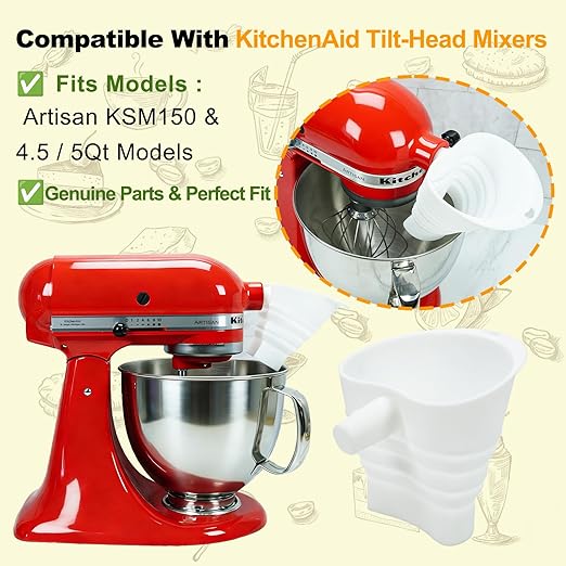 Flour Funnel for Kitchen Aid Mixer with Spatula & Brush Set - Silicone Collapsible Stand Mixer Attachment Compatible with KitchenAid 4.5-5 QT Tilt-Head (KSM150), Mess Free Dishwasher Safe (RED)