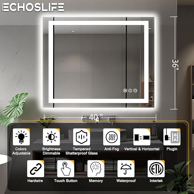 40"x36" LED Bathroom Vanity Mirrors with Front Light and Backlit, Anti-Fog Vanity Mirror with Lights, Stepless Dimmable Lighted Mirror, 3 Colors Smart Mirror (Horizontal/Vertical)