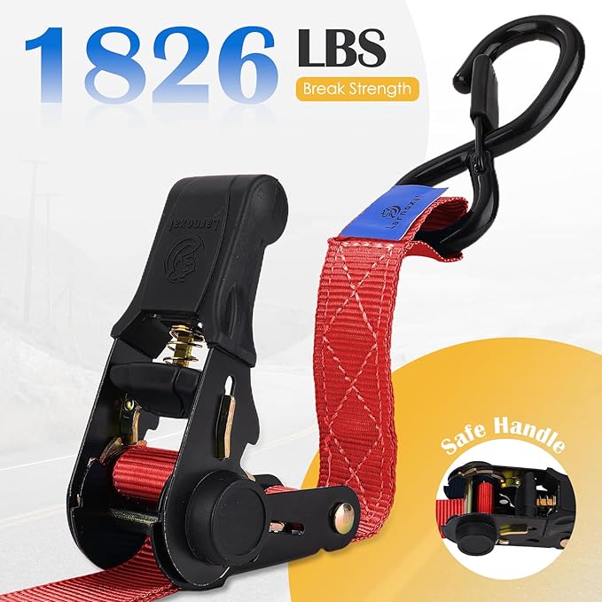 Ratchet Straps 4 Pack - 1,826 Lbs Break Strength 1 in x 15 Ft Medium Duty Ratchet Tie Down Straps with S Hooks Set for Truck, Cargo Van, Trailer, Motorcycle (Red)