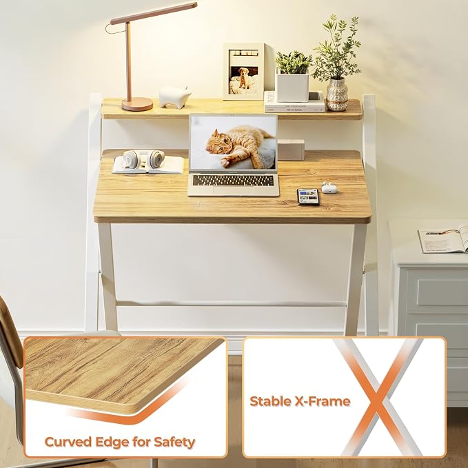 GreenForest Folding Desk No Assembly, Sturdy Computer Desk for Small Spaces | Portable Foldable Table for Laptop, 2-Tier Compact with Shelf, Space Saving for Home Office, Dorm, Apartment, 24.5"x 30" Oak
