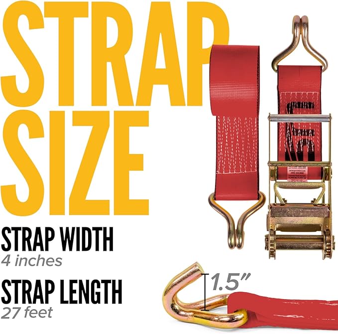 US Cargo Control J Hook Ratchet Strap 4 Inch x 27 Foot, 5,400 LBS Working Load Limit, Red 4 Inch Ratchet Straps Heavy Duty for Flatbed Trailers, Professional Flatbed Hauling