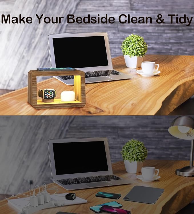 Bamboo Charging Station for Multiple Devices, 15W Fast Wireless Charger Night Light with 3 Color& 4 Adjustable Brightness, Night Stand Charger Station for iPhone/iWatch/AirPods (6953)