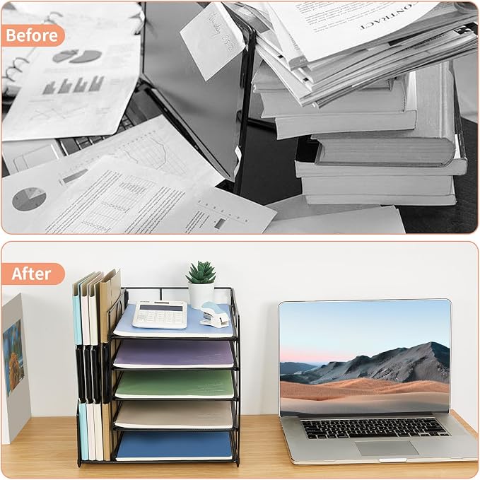 LEKETREE Desk Organizers and Accessories, 5-Tier Paper Letter Tray Organizer with File Holder, Desktop Organizer for Office Supplies (Black)