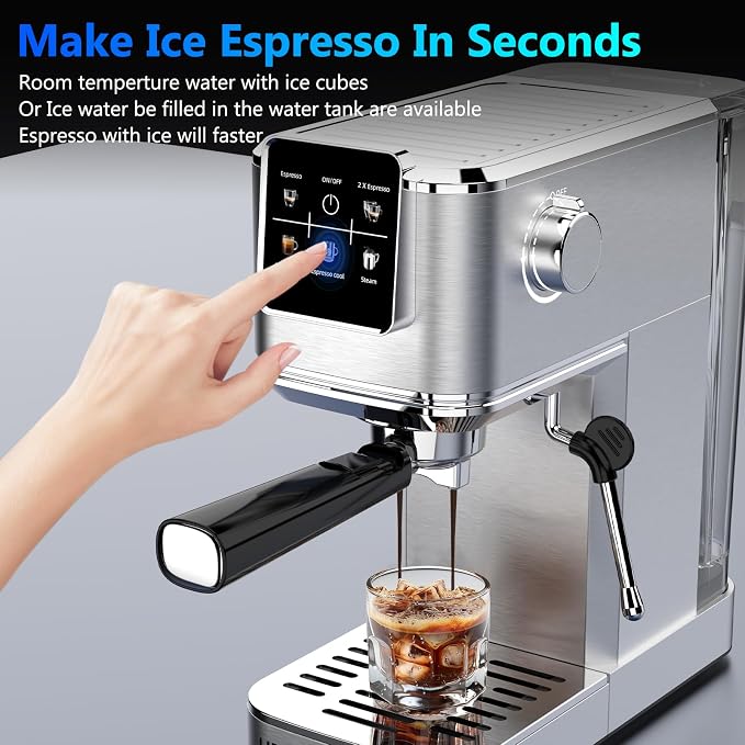 URintells Cuising Espresso Machine with Touchscreen And Cold Brew | 20Bar Pump,Stainless Steel Espresso Maker with Powerful Steam Milk Frother for Cappuccino Latte,Iced Americano