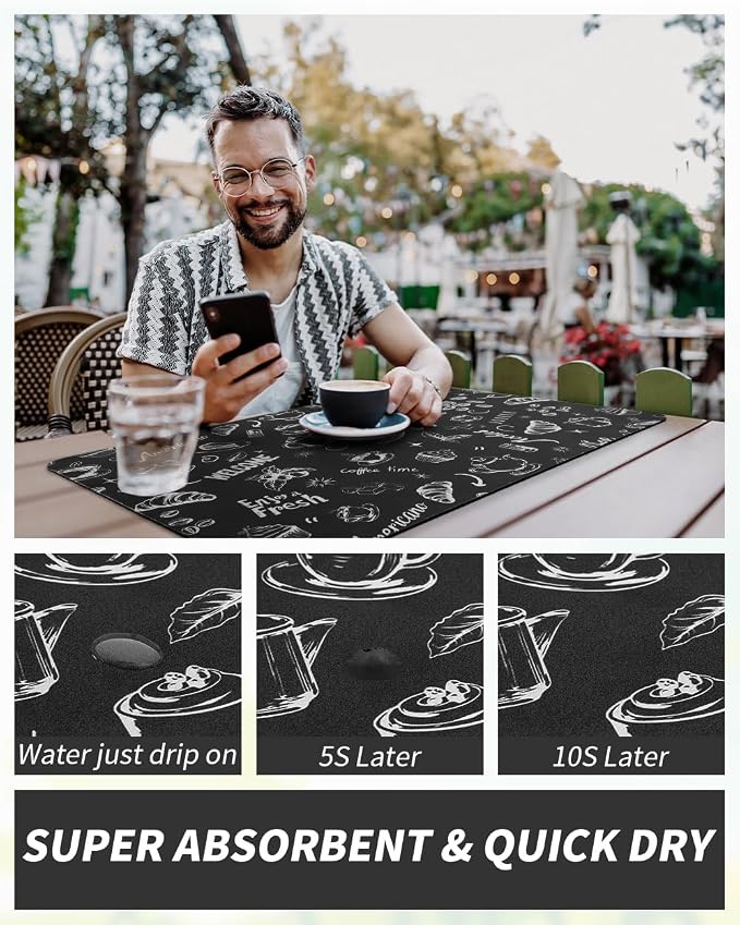 AMOAMI Coffee Mat Hide Stain Rubber Backed Absorbent Dish Drying Mat for Kitchen Counter - Fits Under Coffee Maker & Machine (17x31.5, Ink)
