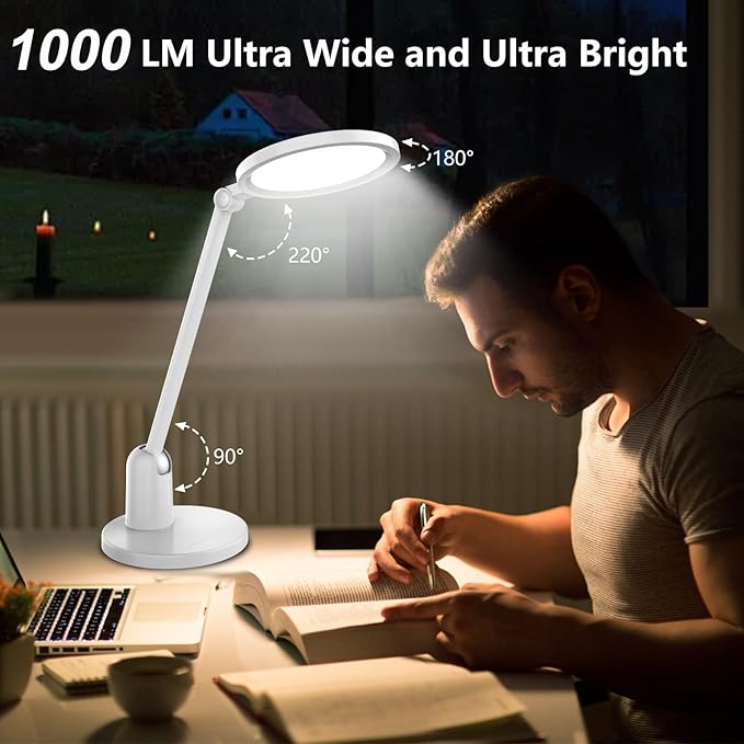 Kitloo Desk Lamps for Home Office with Stable Base, 1000LM Ultra Bright Eye-Caring Desk Light, 3000K-6000K Dimmable Table Lamp with Stepless Dimming & Timing Function for Work, Reading, Bedroom