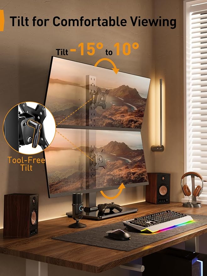 Perlegear Dual Vertical Monitor Stand for 13–40 inch Screens up to 44 lbs | Heavy-duty steel, swivel, tool-free tilt, 360° rotation, 13 height settings, cable management, max VESA 100x100mm, office use