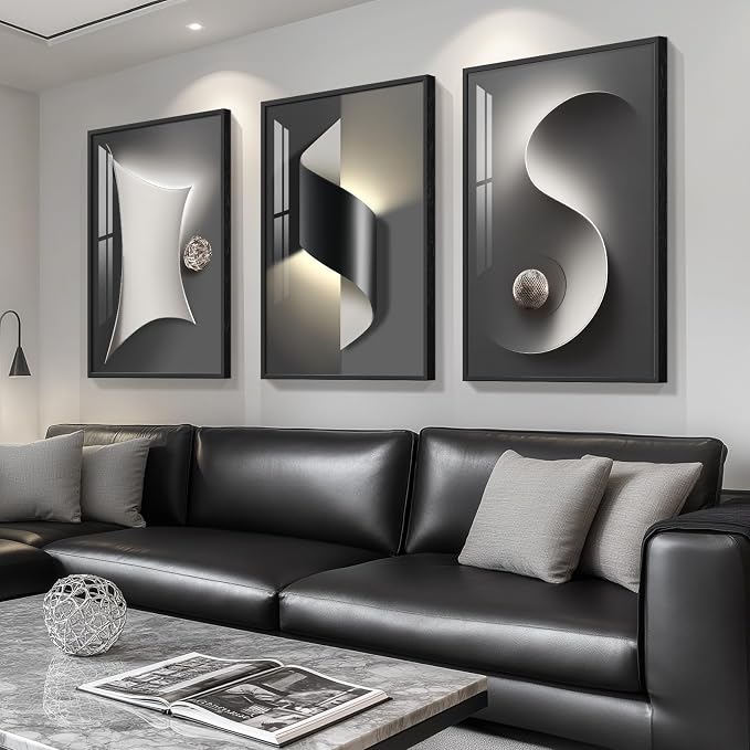 Framed Modern Black and White Abstract Wall Art for Living Room, Large 3 Piece Bright Style Silvery Artwork for Walls, Luxury Painting Prints for Dining Room Hallway Office Wall Decor, 24x36 In
